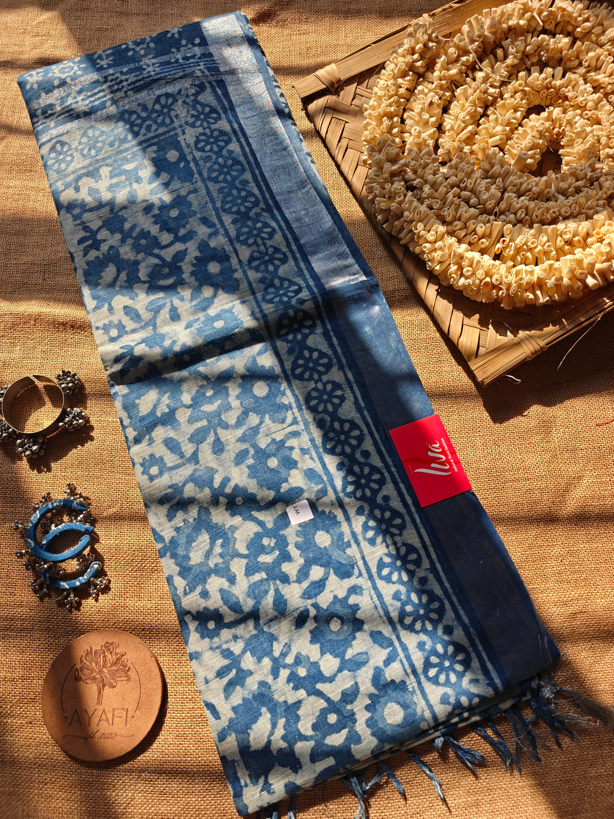 Indigo Dabu Handblock Printed Linen LIVA Saree