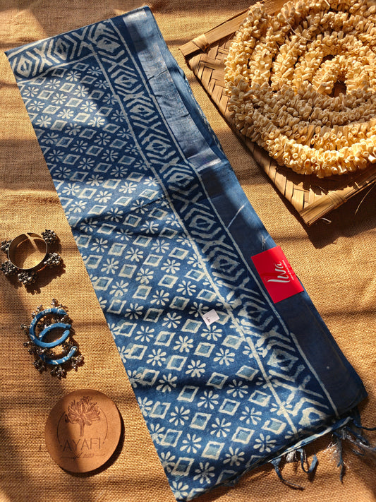 Indigo Dabu Handblock Printed Linen LIVA Saree