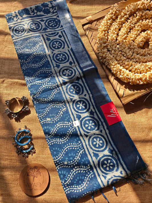 Indigo Dabu Handblock Printed Linen LIVA Saree