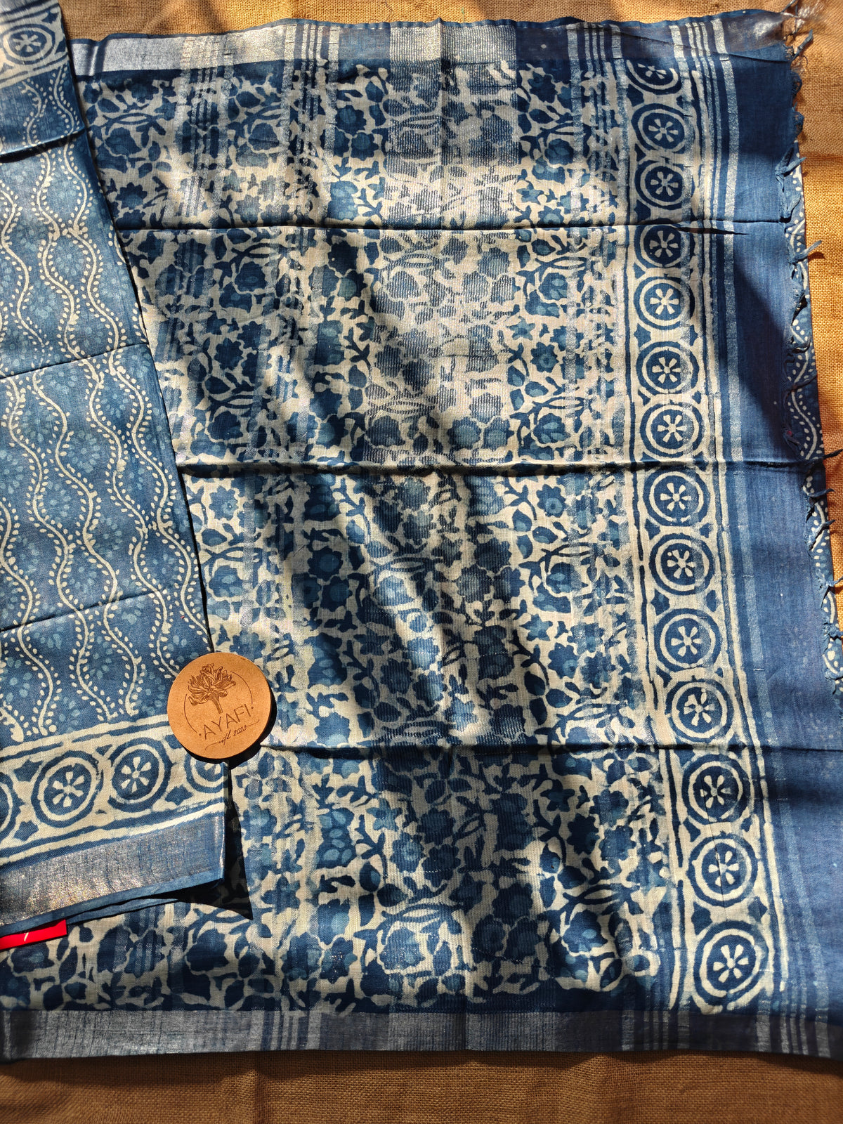 Indigo Dabu Handblock Printed Linen LIVA Saree