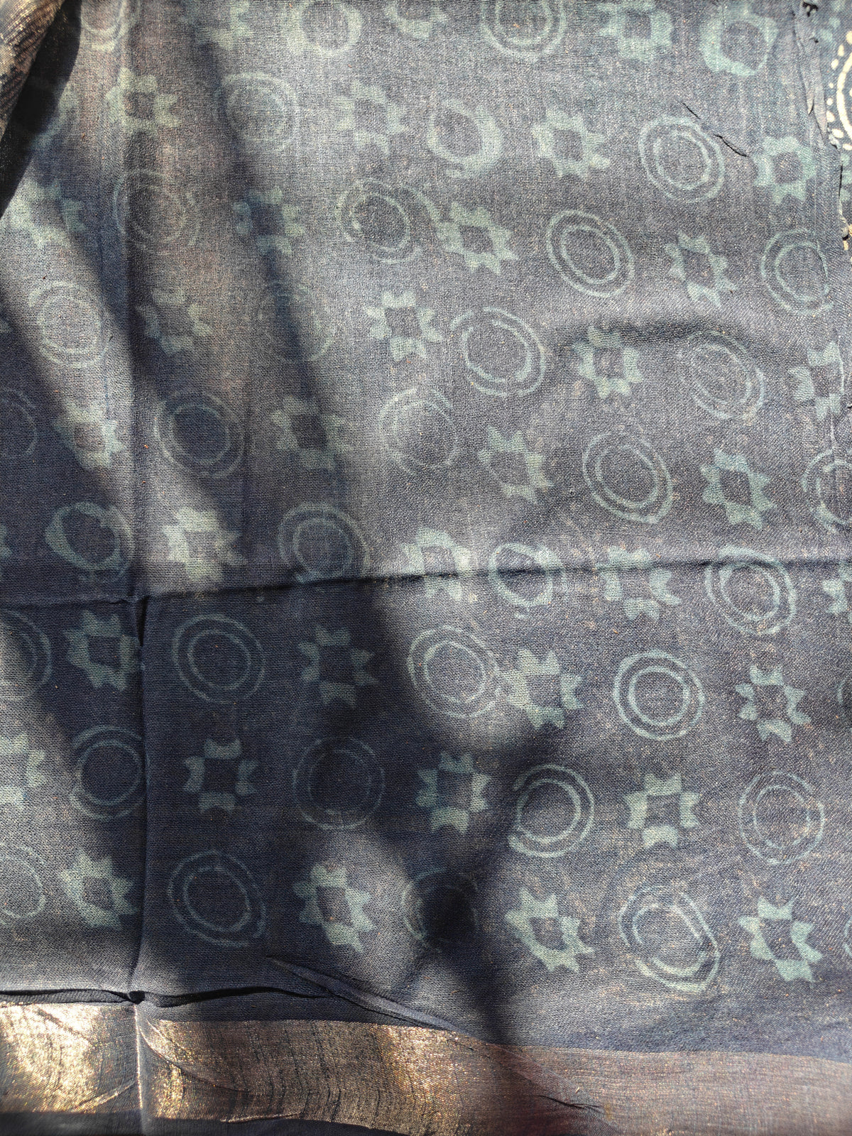 Indigo Dabu Handblock Printed Linen LIVA Saree