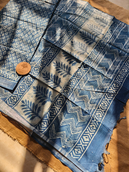 Indigo Dabu Handblock Printed Linen LIVA Saree