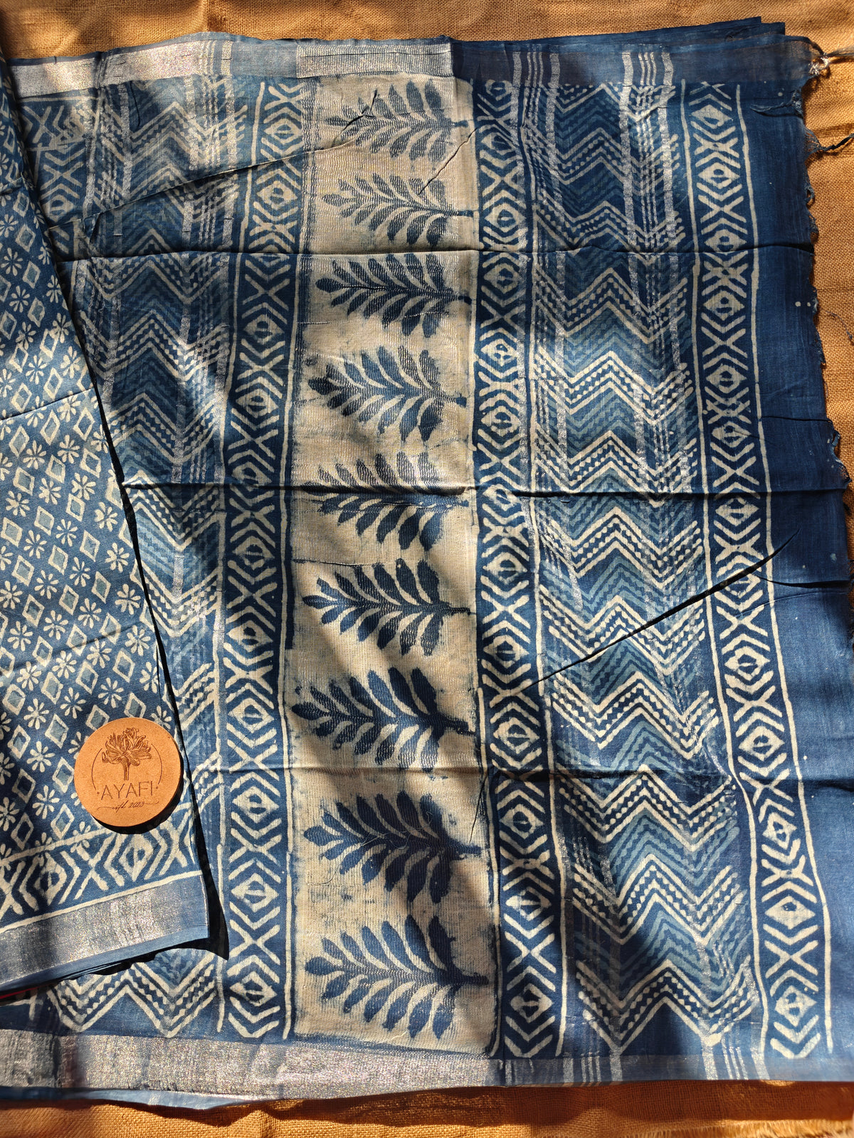 Indigo Dabu Handblock Printed Linen LIVA Saree
