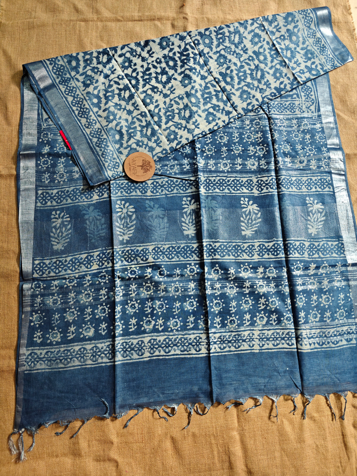 Indigo Dabu Handblock Printed Linen LIVA Saree