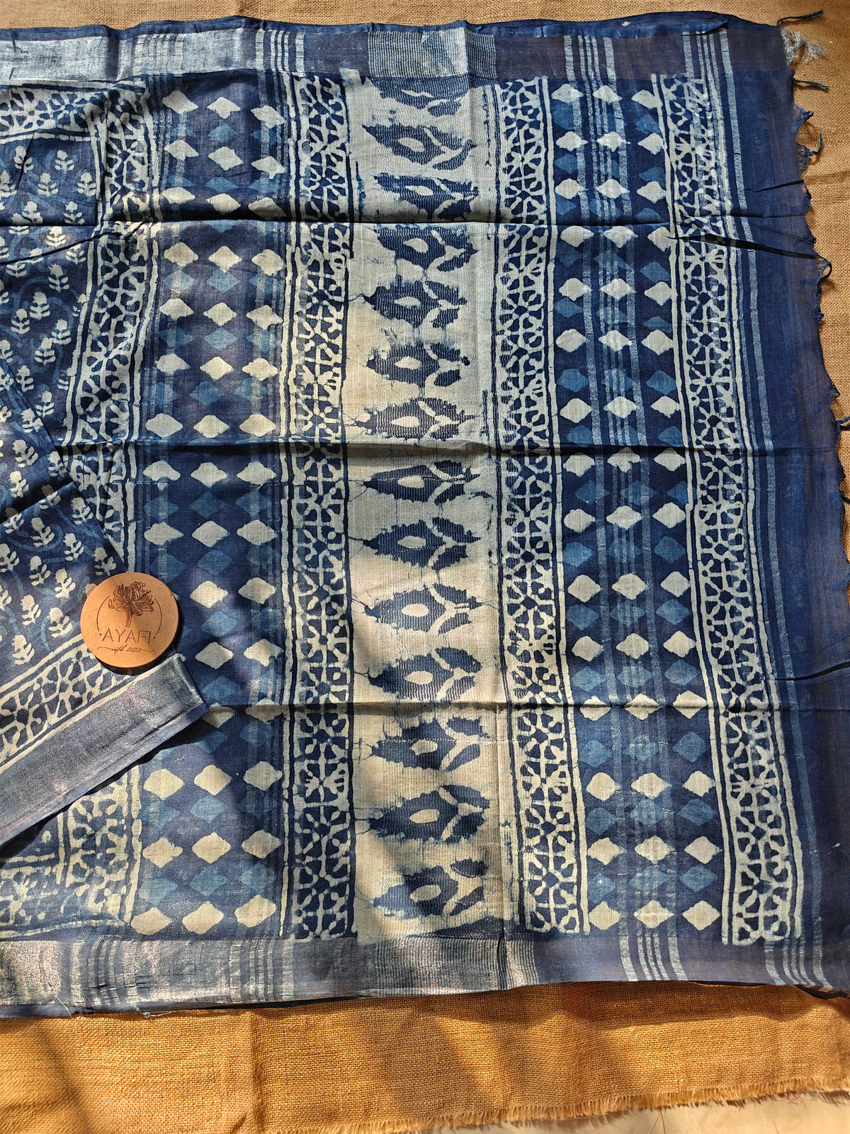Indigo Dabu Handblock Printed Linen LIVA Saree