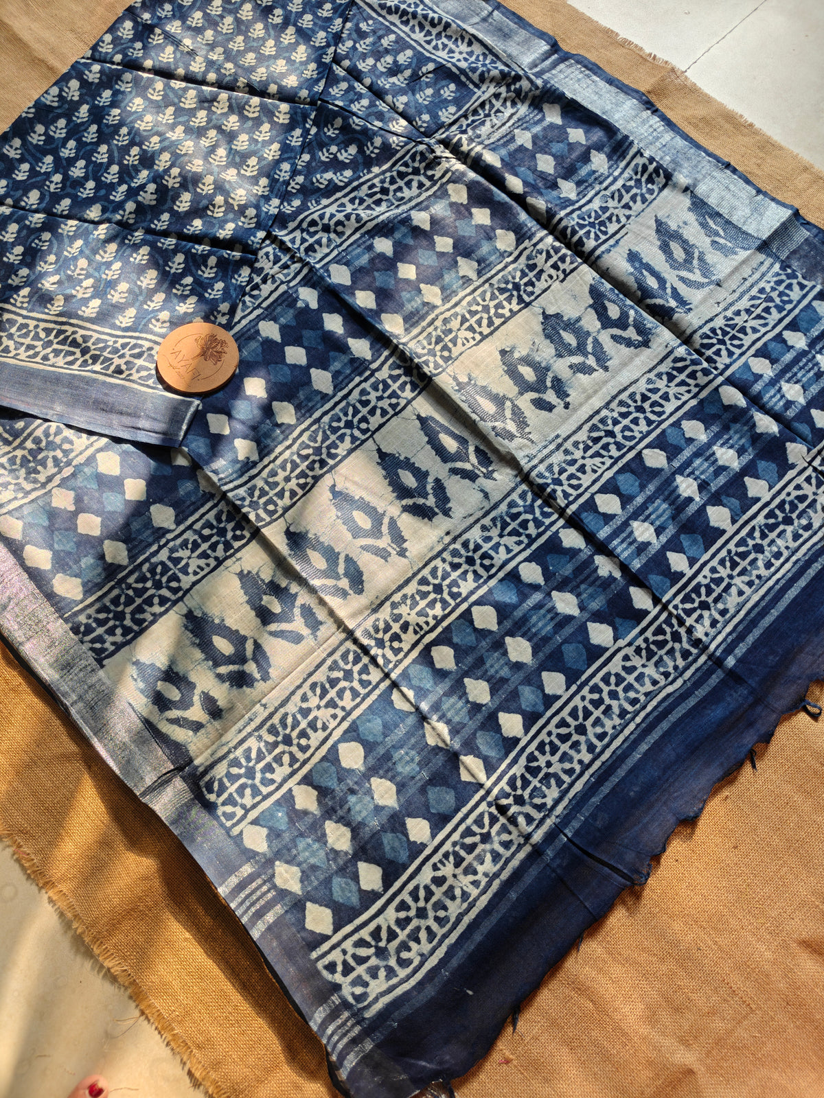 Indigo Dabu Handblock Printed Linen LIVA Saree