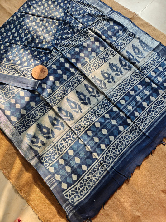 Indigo Dabu Handblock Printed Linen LIVA Saree