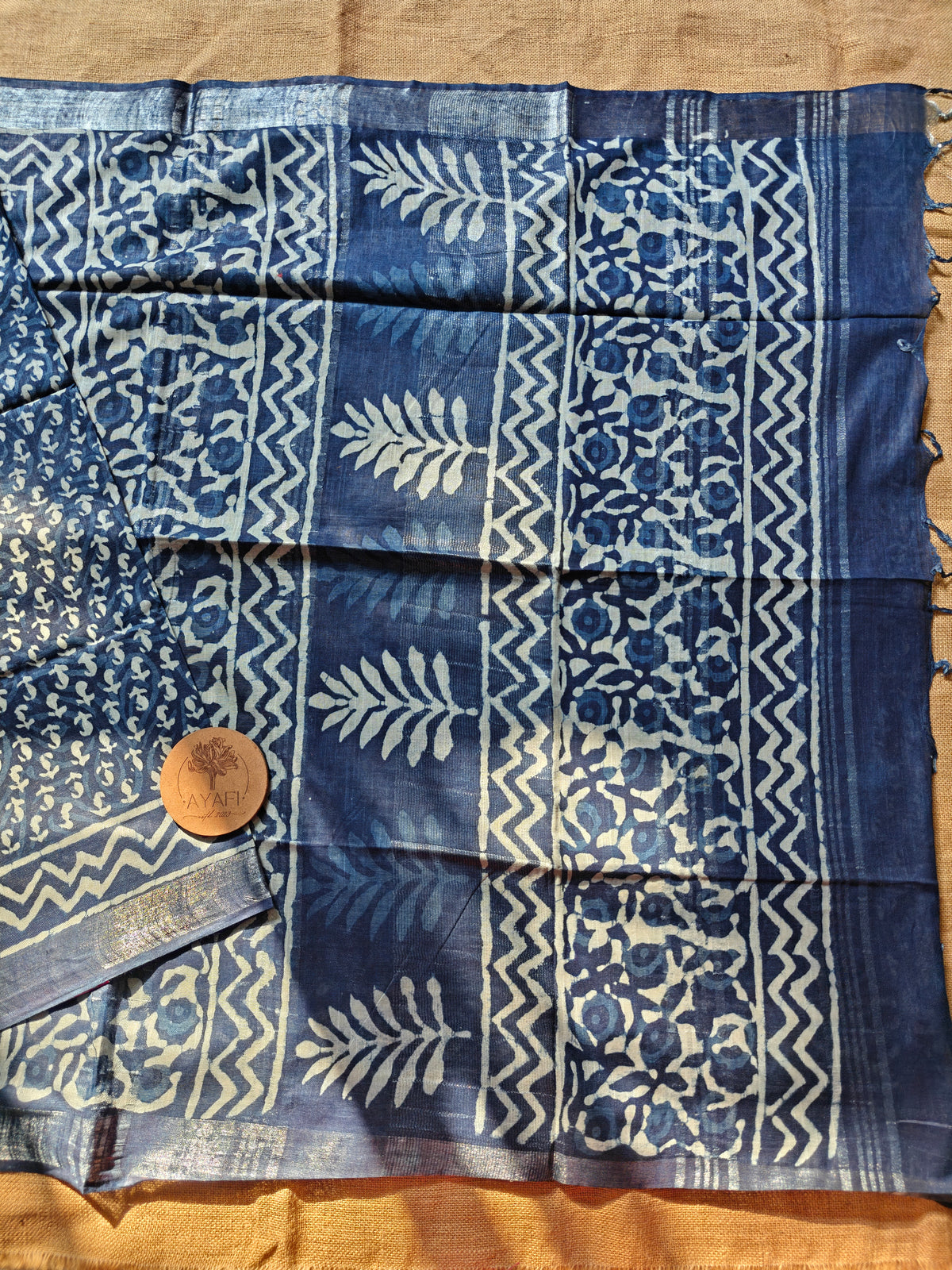 Indigo Dabu Handblock Printed Linen LIVA Saree