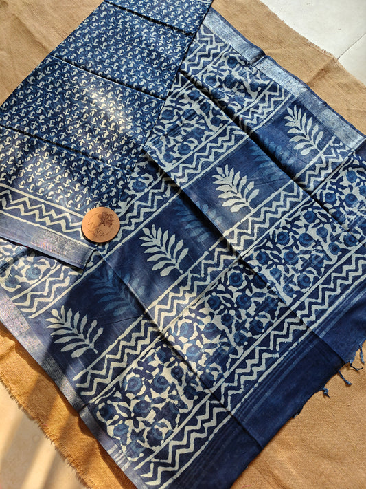 Indigo Dabu Handblock Printed Linen LIVA Saree