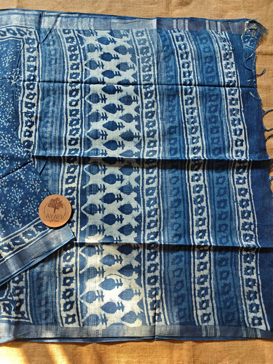 Indigo Dabu Handblock Printed Linen LIVA Saree
