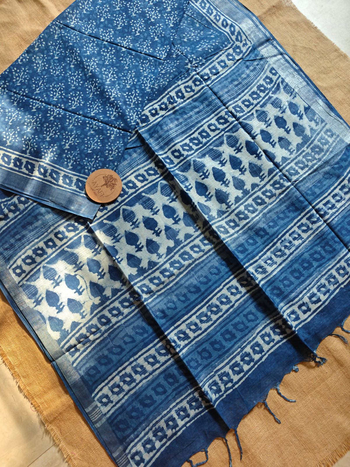 Indigo Dabu Handblock Printed Linen LIVA Saree