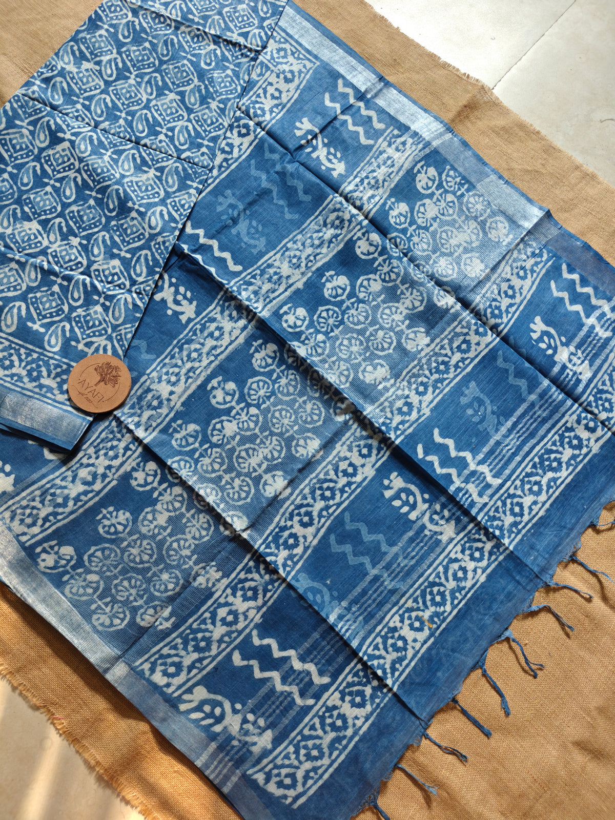 Indigo Dabu Handblock Printed Linen LIVA Saree