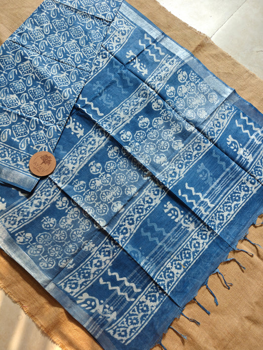 Indigo Dabu Handblock Printed Linen LIVA Saree