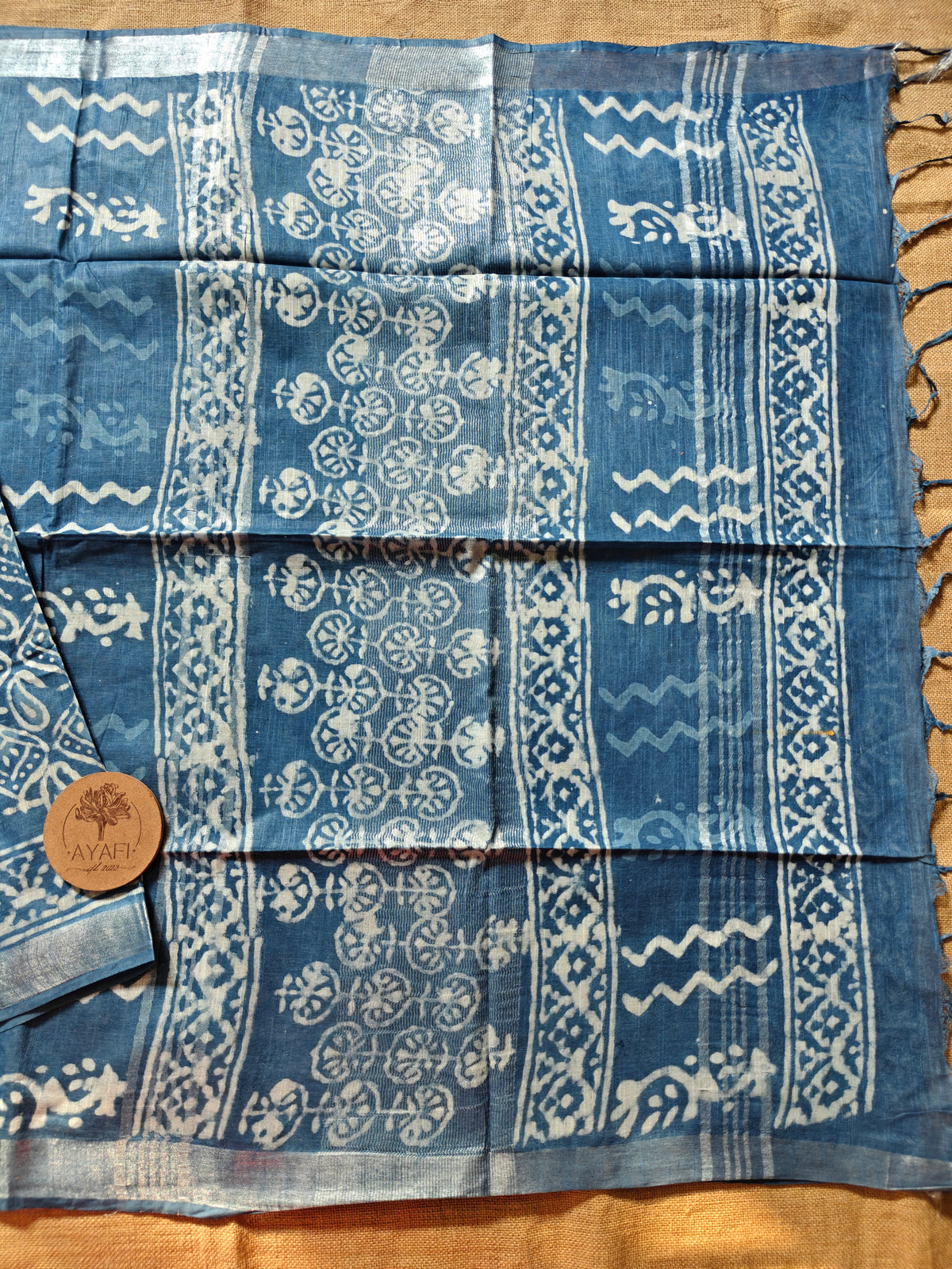 Indigo Dabu Handblock Printed Linen LIVA Saree