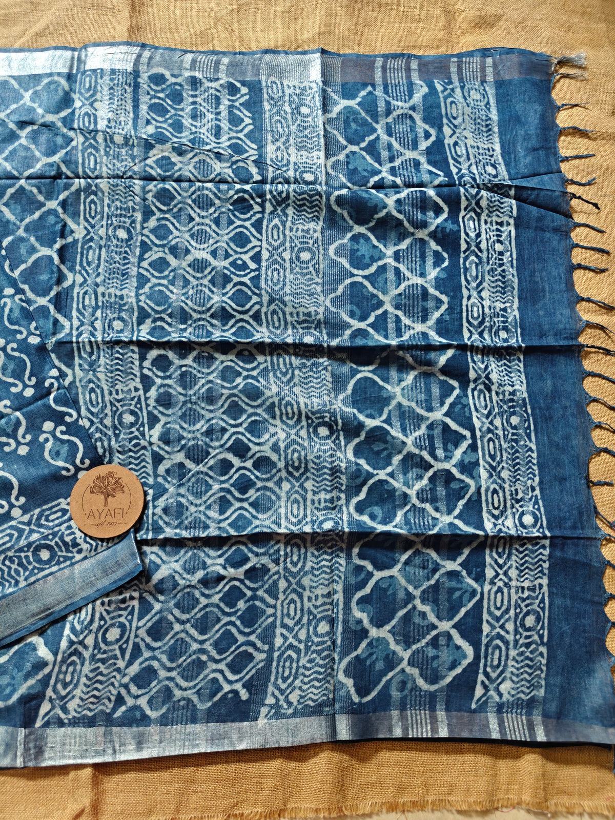 Indigo Dabu Handblock Printed Linen LIVA Saree