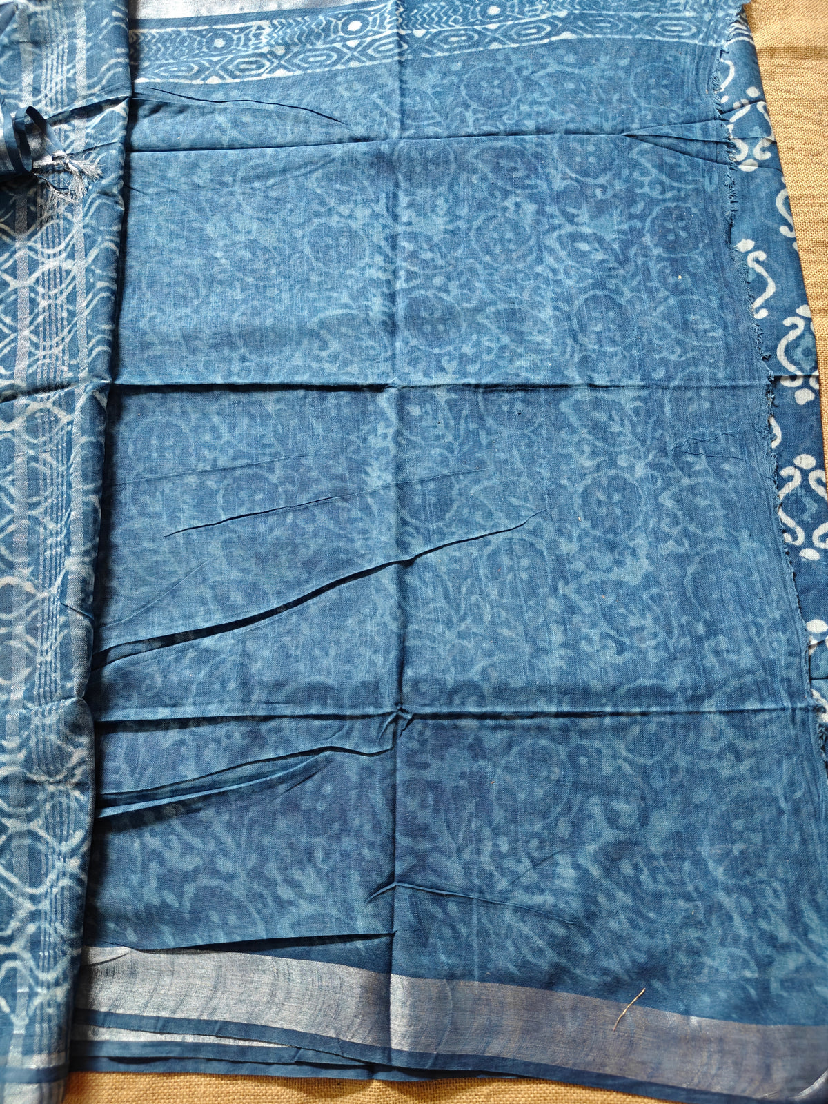 Indigo Dabu Handblock Printed Linen LIVA Saree