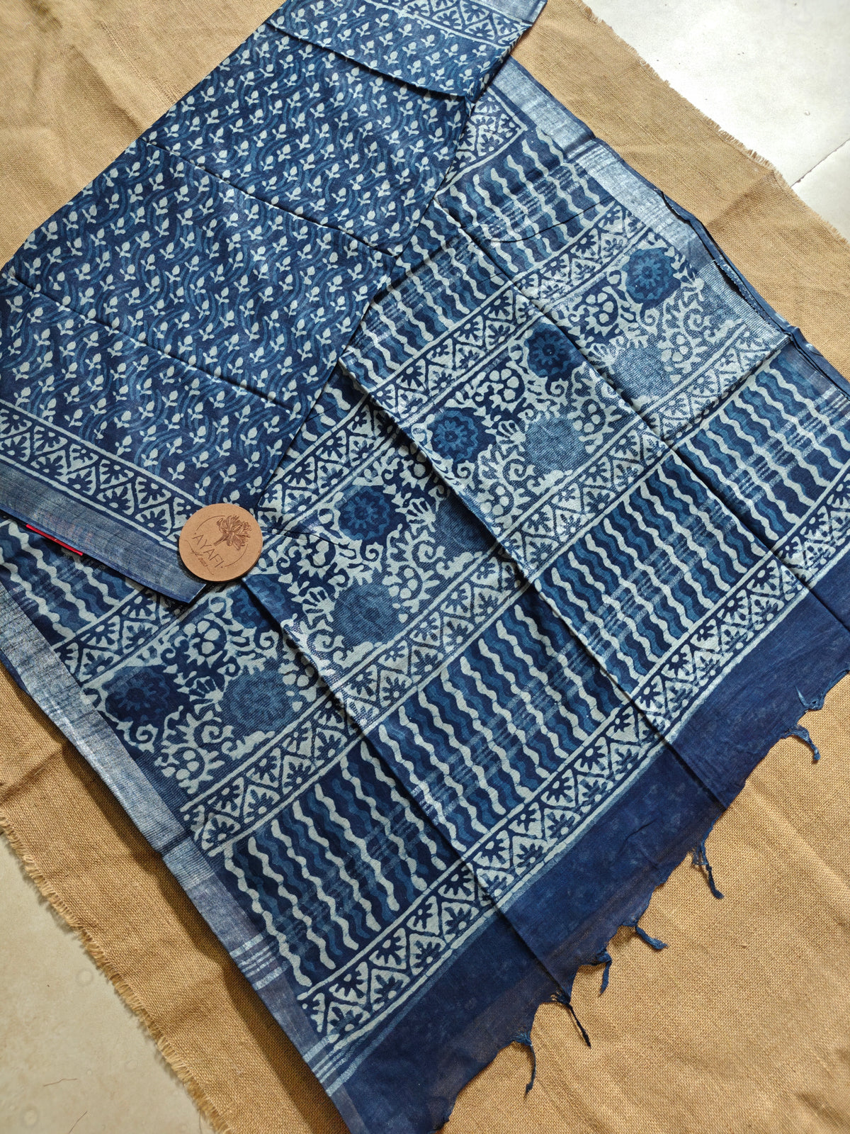 Indigo Dabu Handblock Printed Linen LIVA Saree