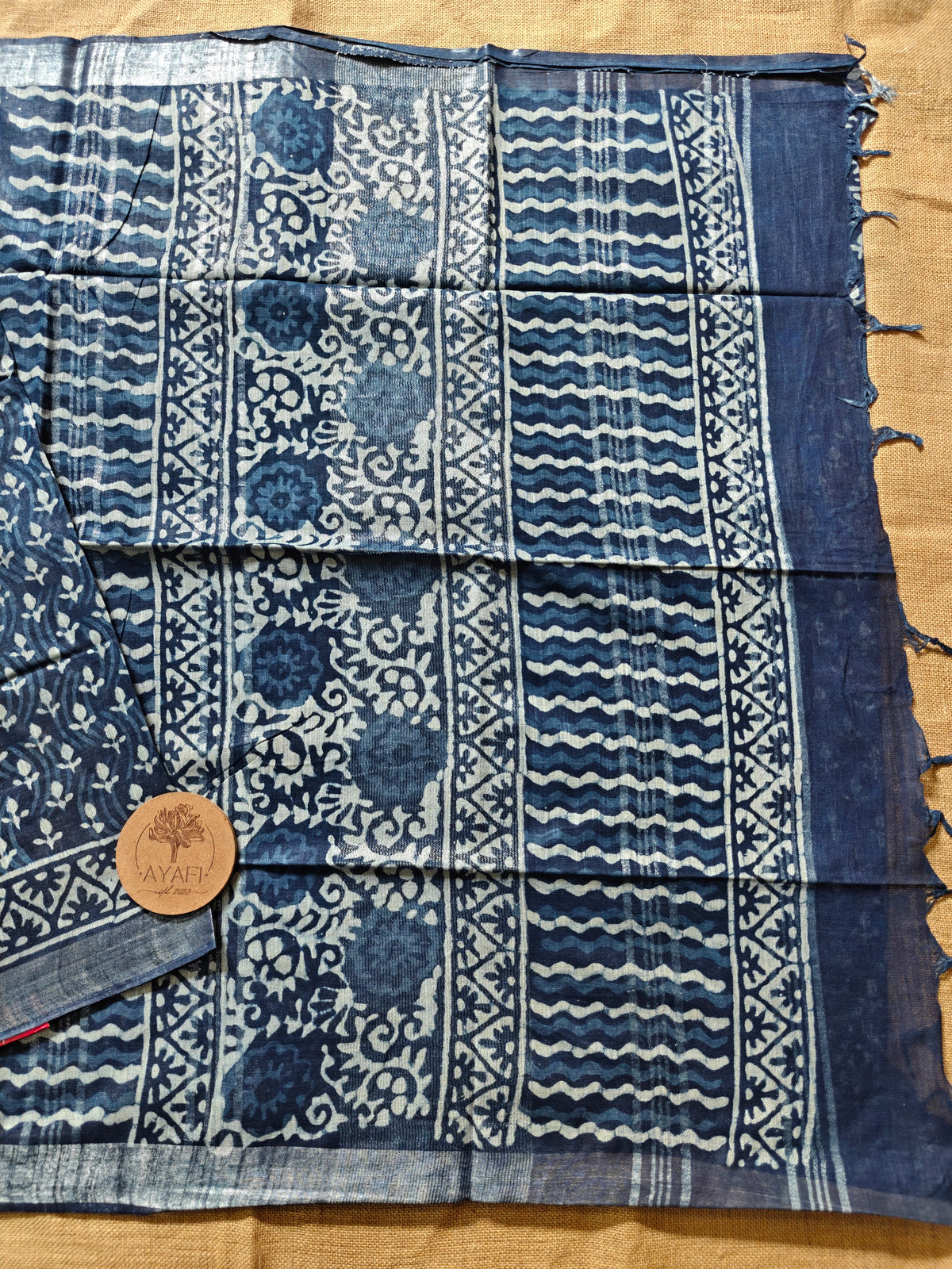 Indigo Dabu Handblock Printed Linen LIVA Saree