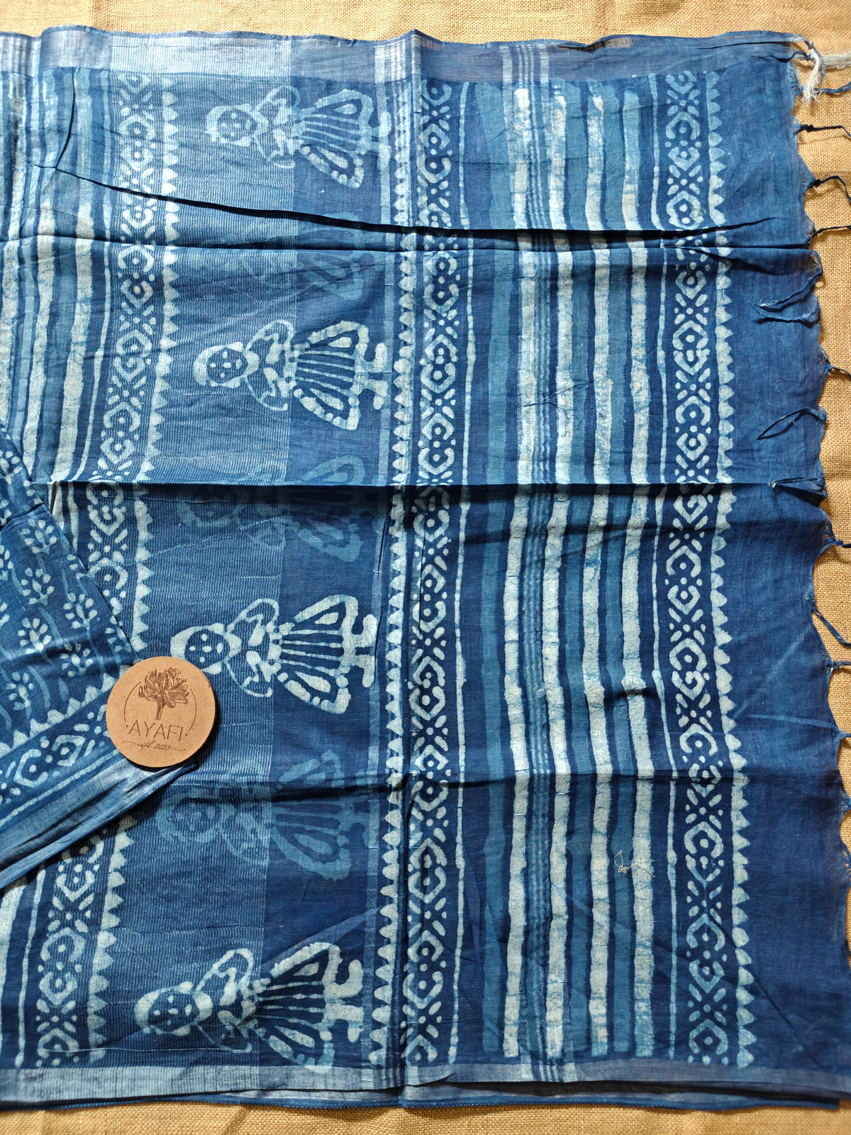 Indigo Dabu Handblock Printed Linen LIVA Saree