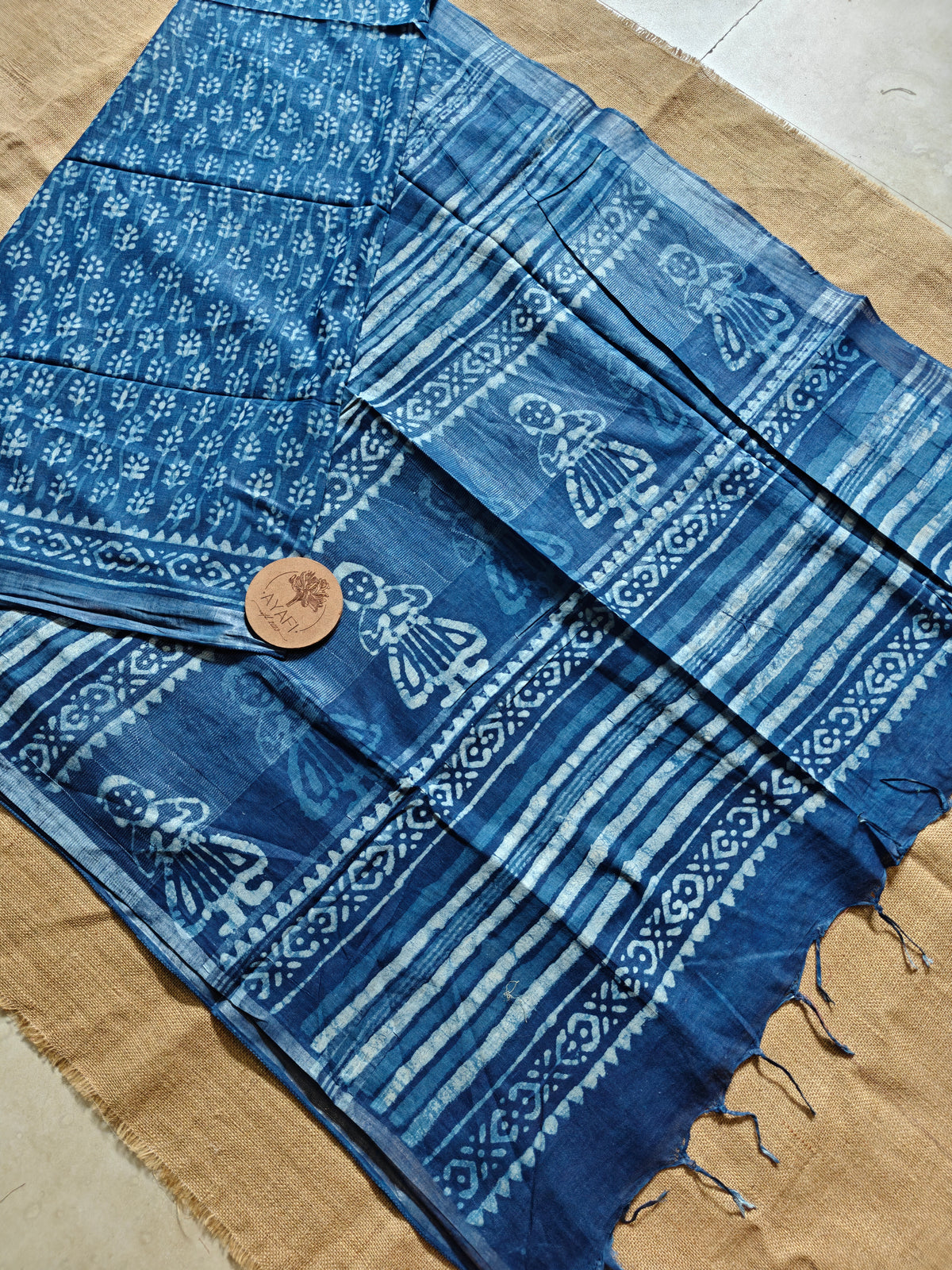 Indigo Dabu Handblock Printed Linen LIVA Saree