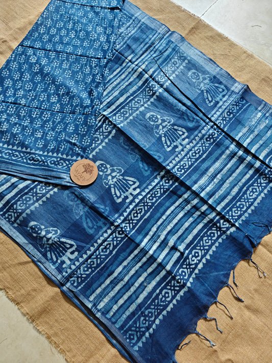 Indigo Dabu Handblock Printed Linen LIVA Saree
