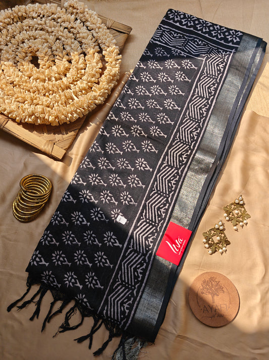 Black Handblock Printed Linen LIVA Saree
