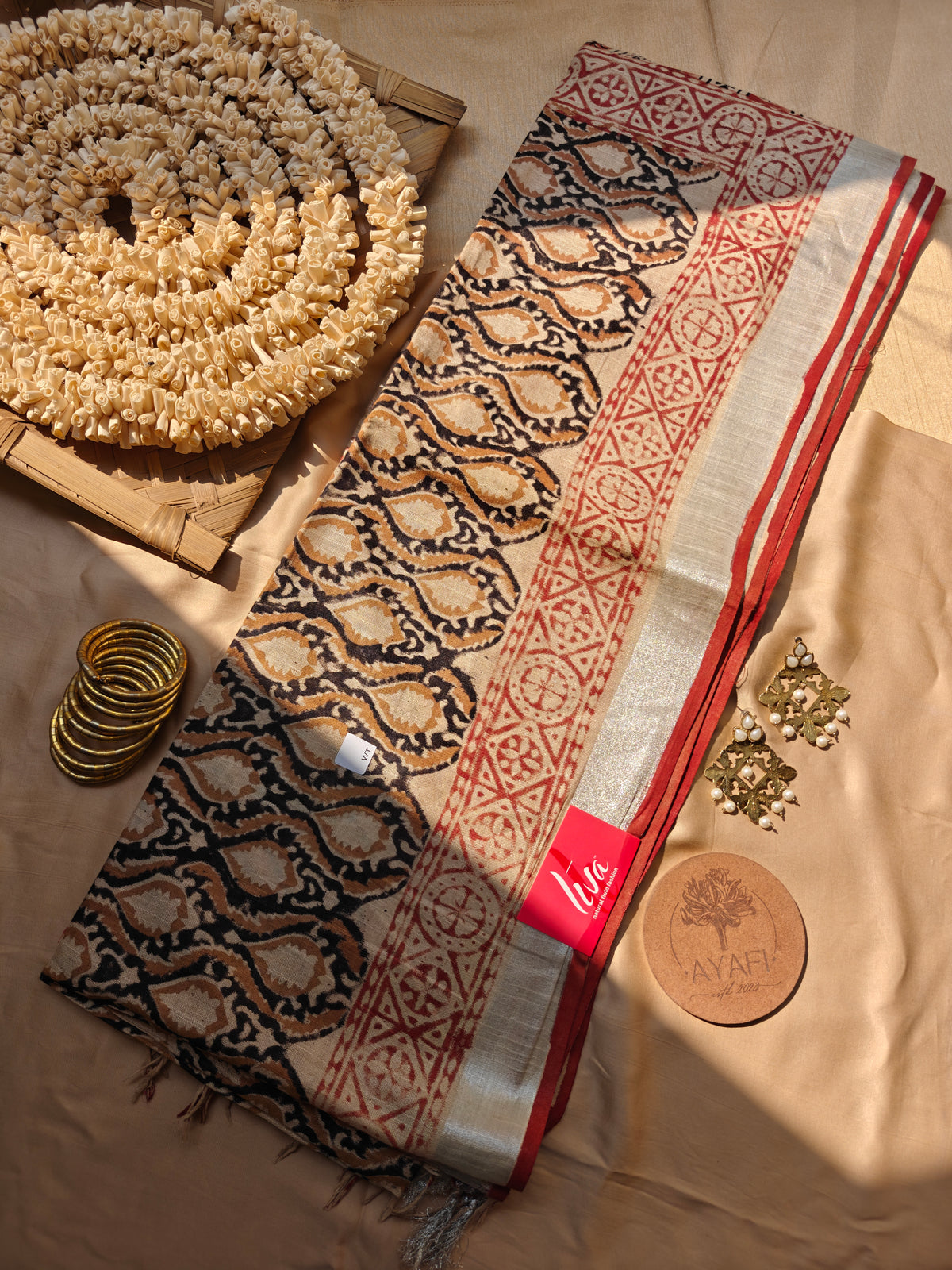 Multicolored Bagru Handblock Printed Linen LIVA Saree