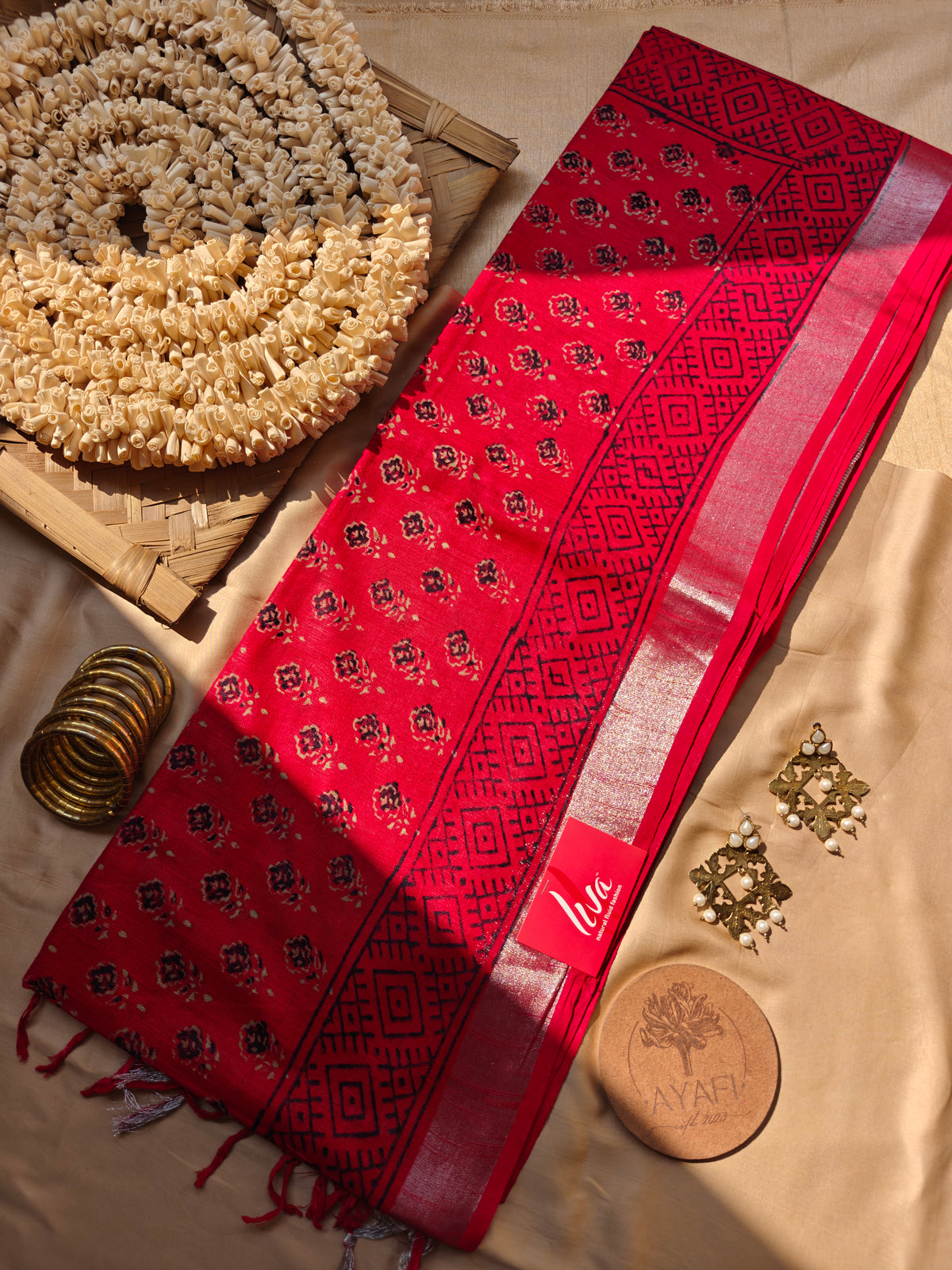 Red Handblock Printed Linen LIVA Saree