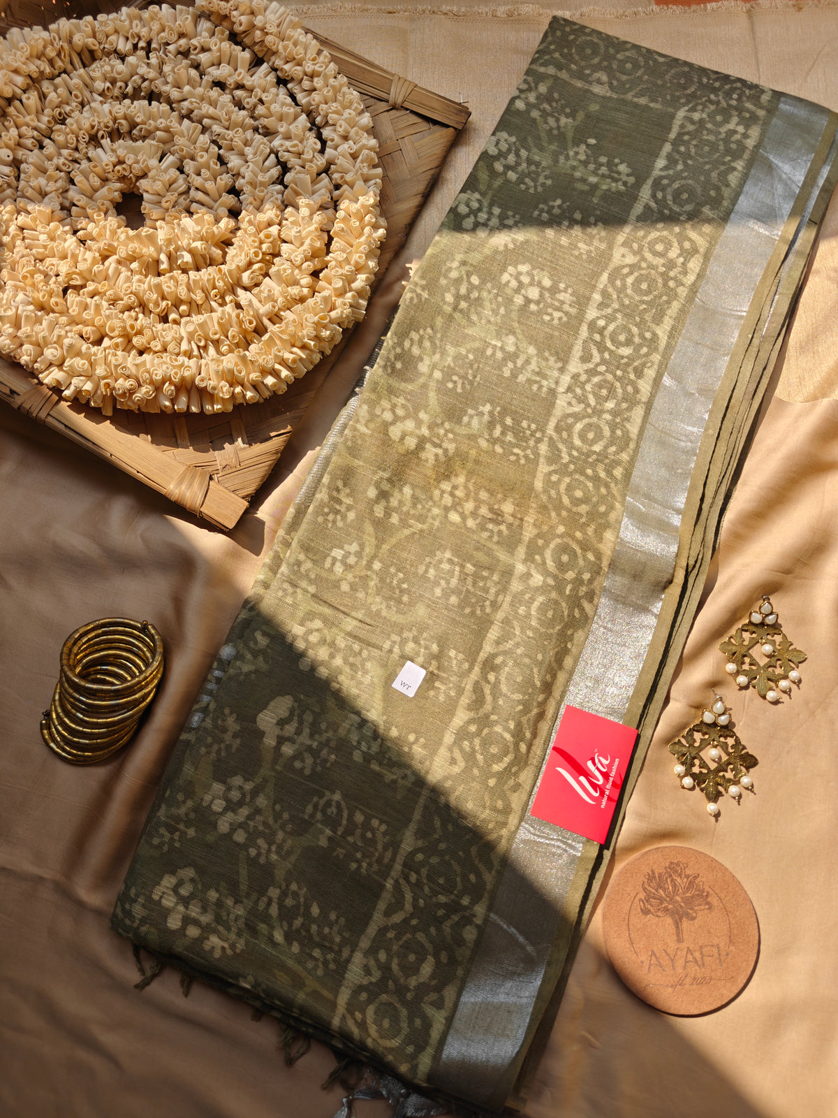 Green Dabu Handblock Printed Linen LIVA Saree