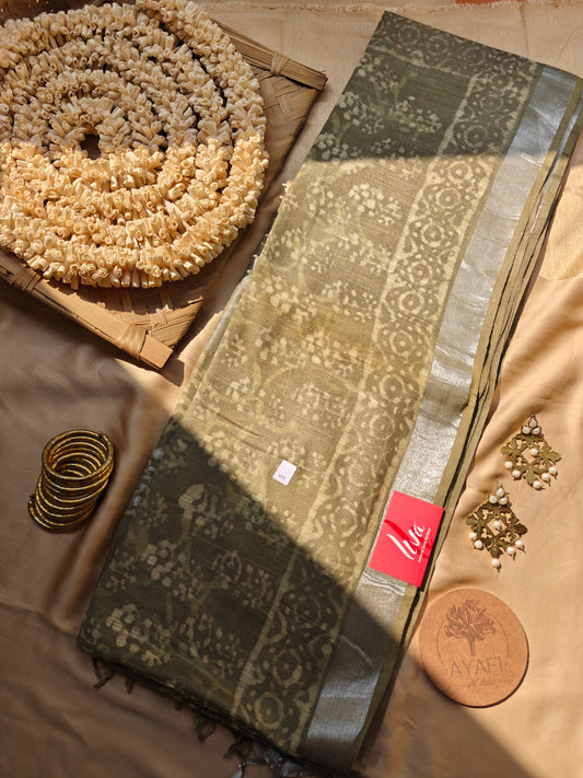 Green Dabu Handblock Printed Linen LIVA Saree