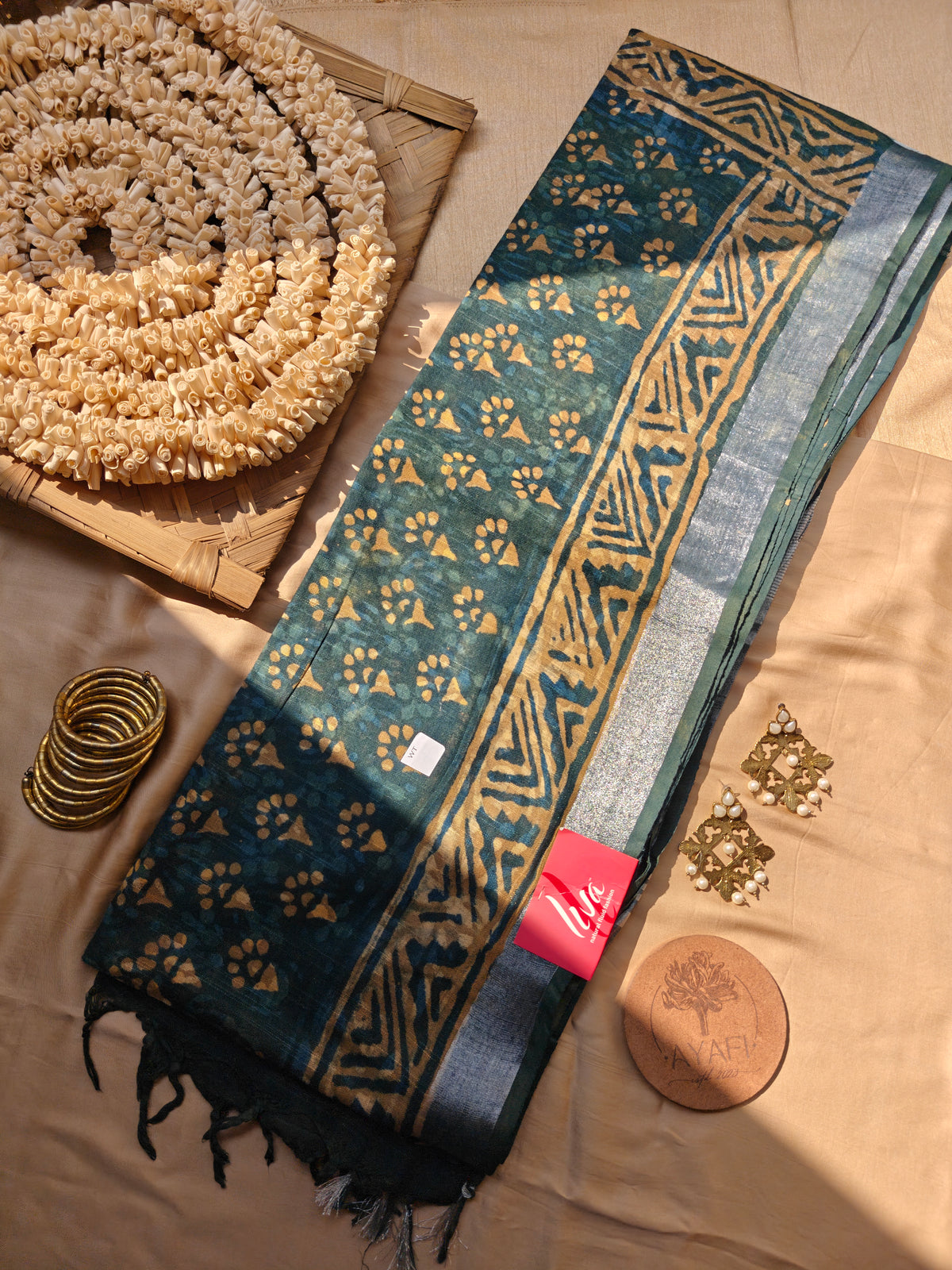 Green Dabu Handblock Printed Linen LIVA Saree