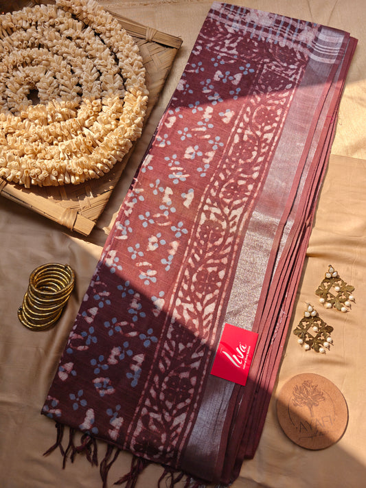Dark Mauve Dabu Handblock Printed Linen LIVA Saree