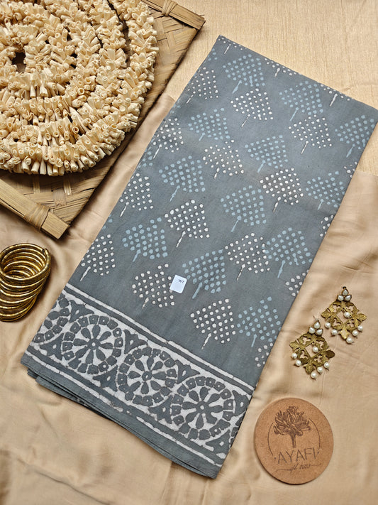 Grey Dabu Hand Block Printed Mulmul Cotton Saree
