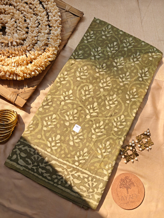 Green Dabu Hand Block Printed Mulmul Cotton Saree