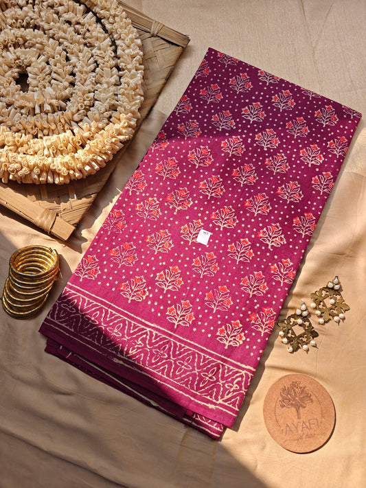 Maroon Handblock Printed Mulmul Cotton Saree