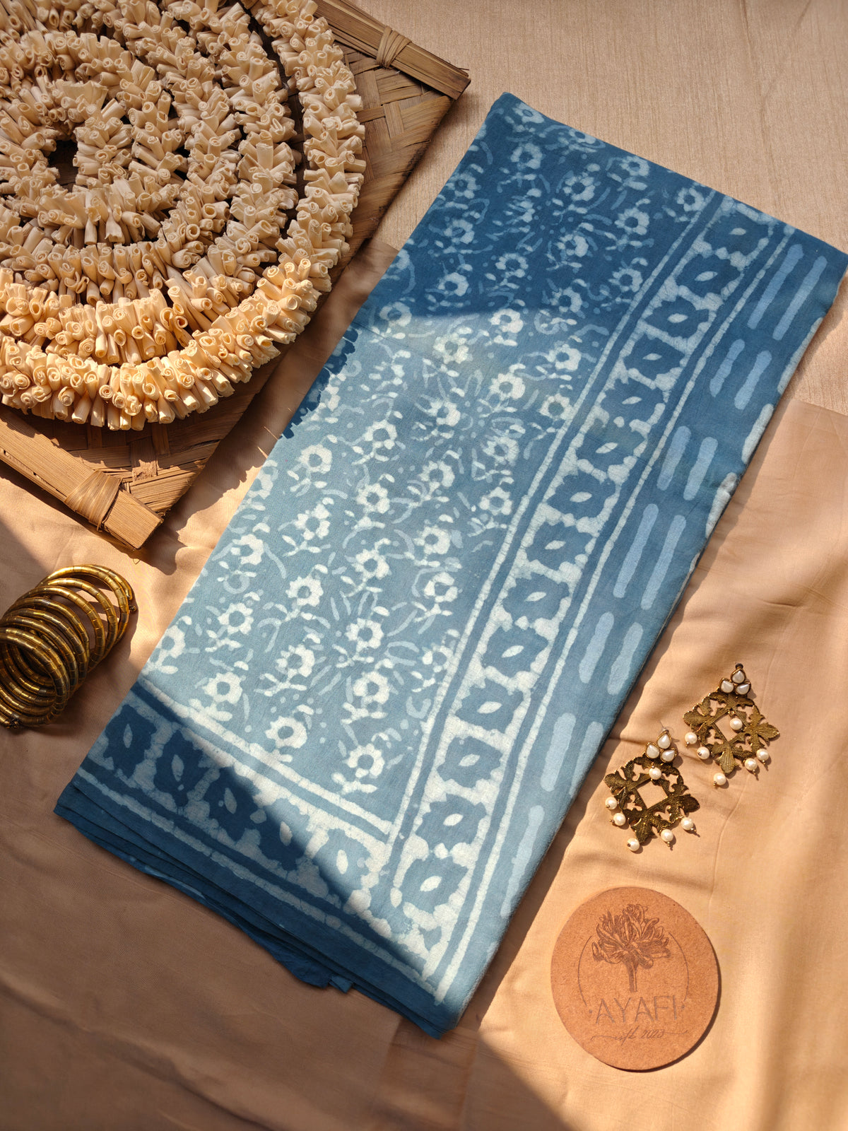 Grey Dabu Hand Block Printed Mulmul Cotton Saree