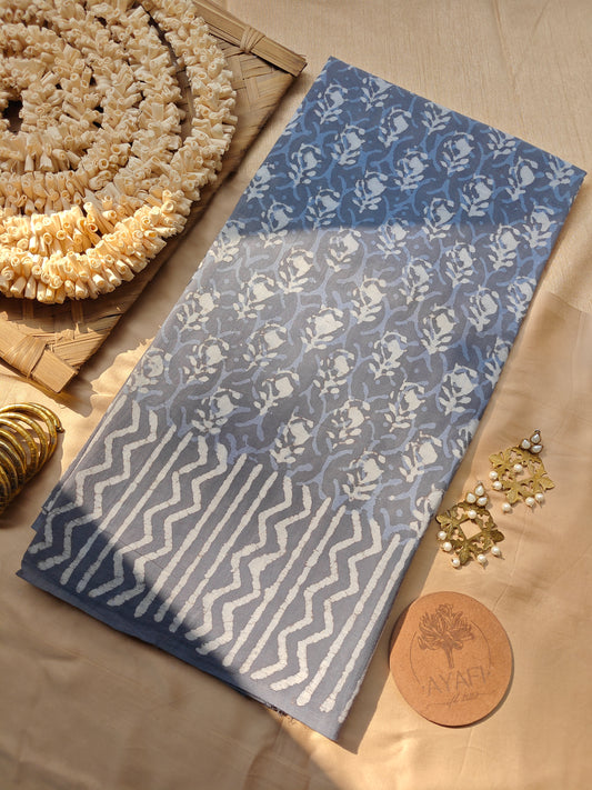 Grey Dabu Handblock Printed Mulmul Cotton Saree