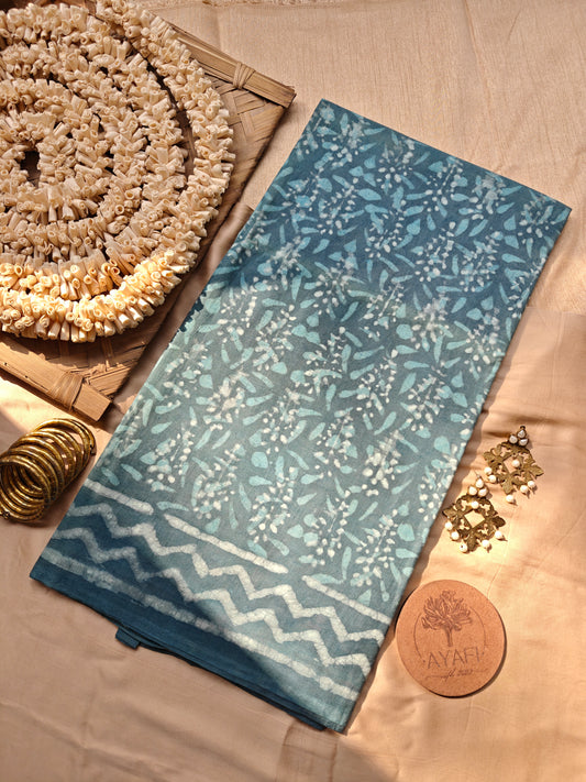 Blue-Grey Dabu Hand Block Printed Mulmul Cotton Saree