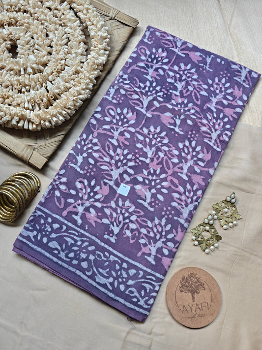 Purple Dabu Hand Block Printed Mulmul Cotton Saree