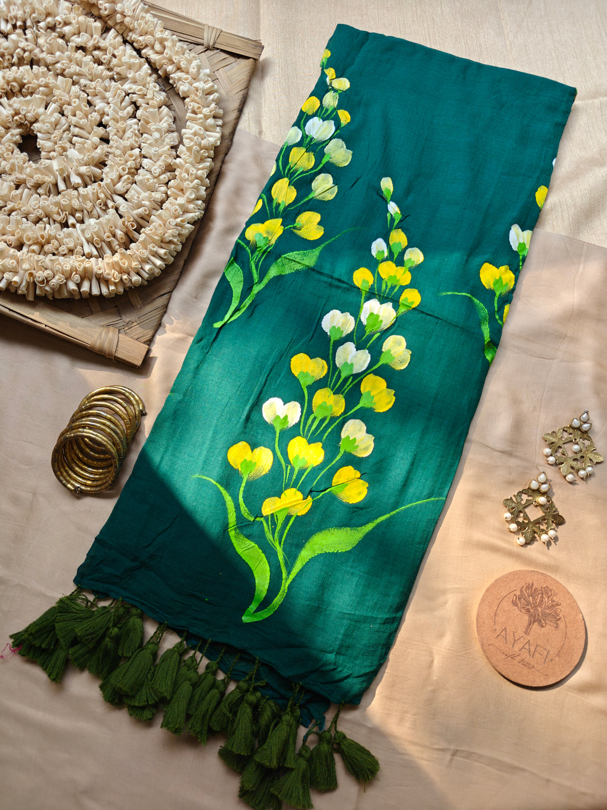 Bottle Green Mustard Flower Hand-Painted Mulmul Saree