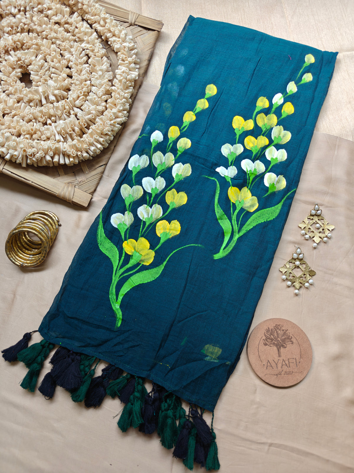 Dark Green Mustard Flower Hand-Painted Mulmul Saree