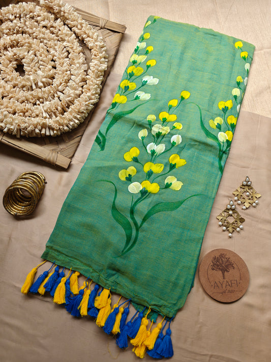 Light Green Mustard Flower Hand-Painted Mulmul Saree