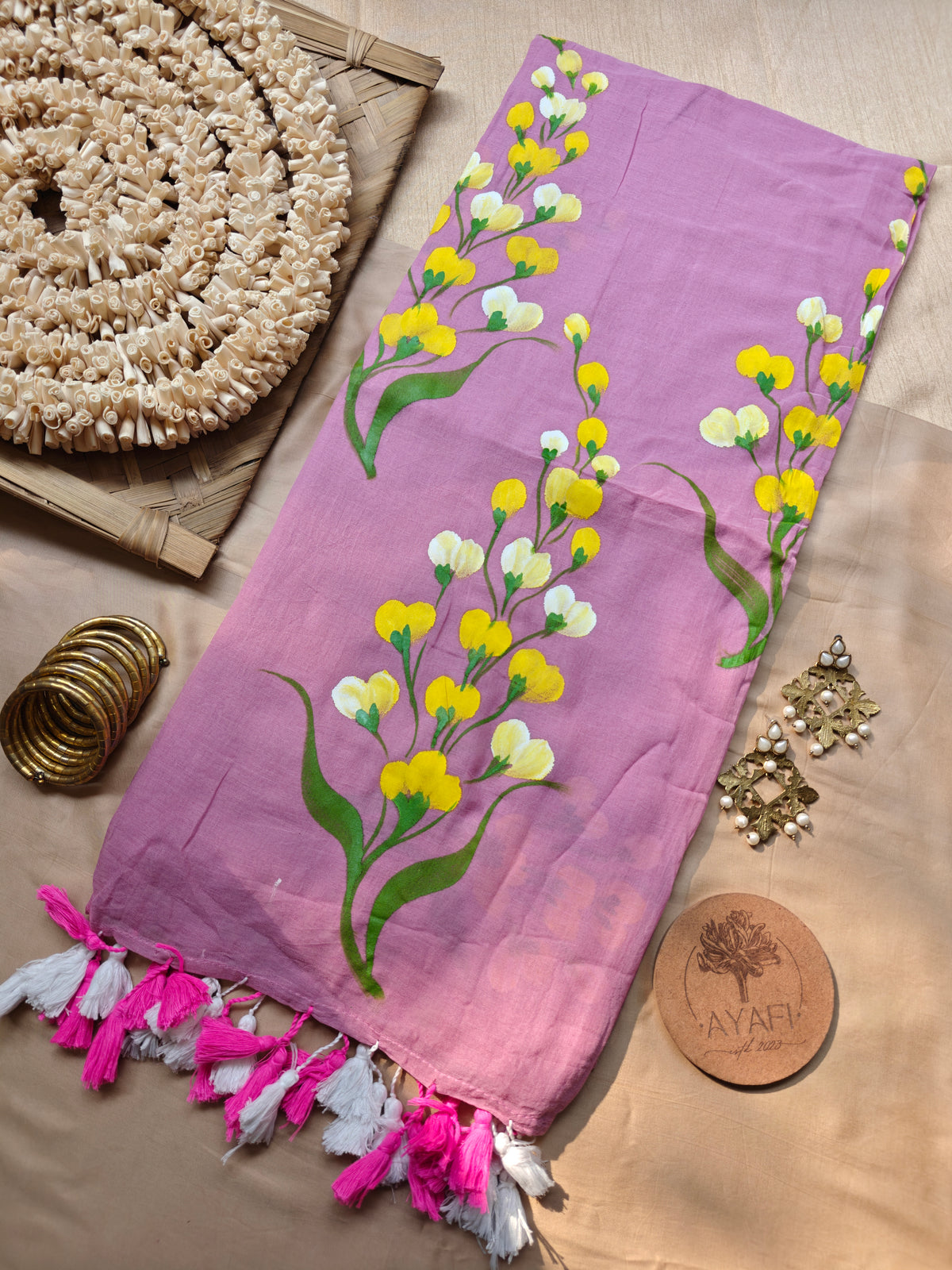 Baby Pink Mustard Flower Hand-Painted Mulmul Saree