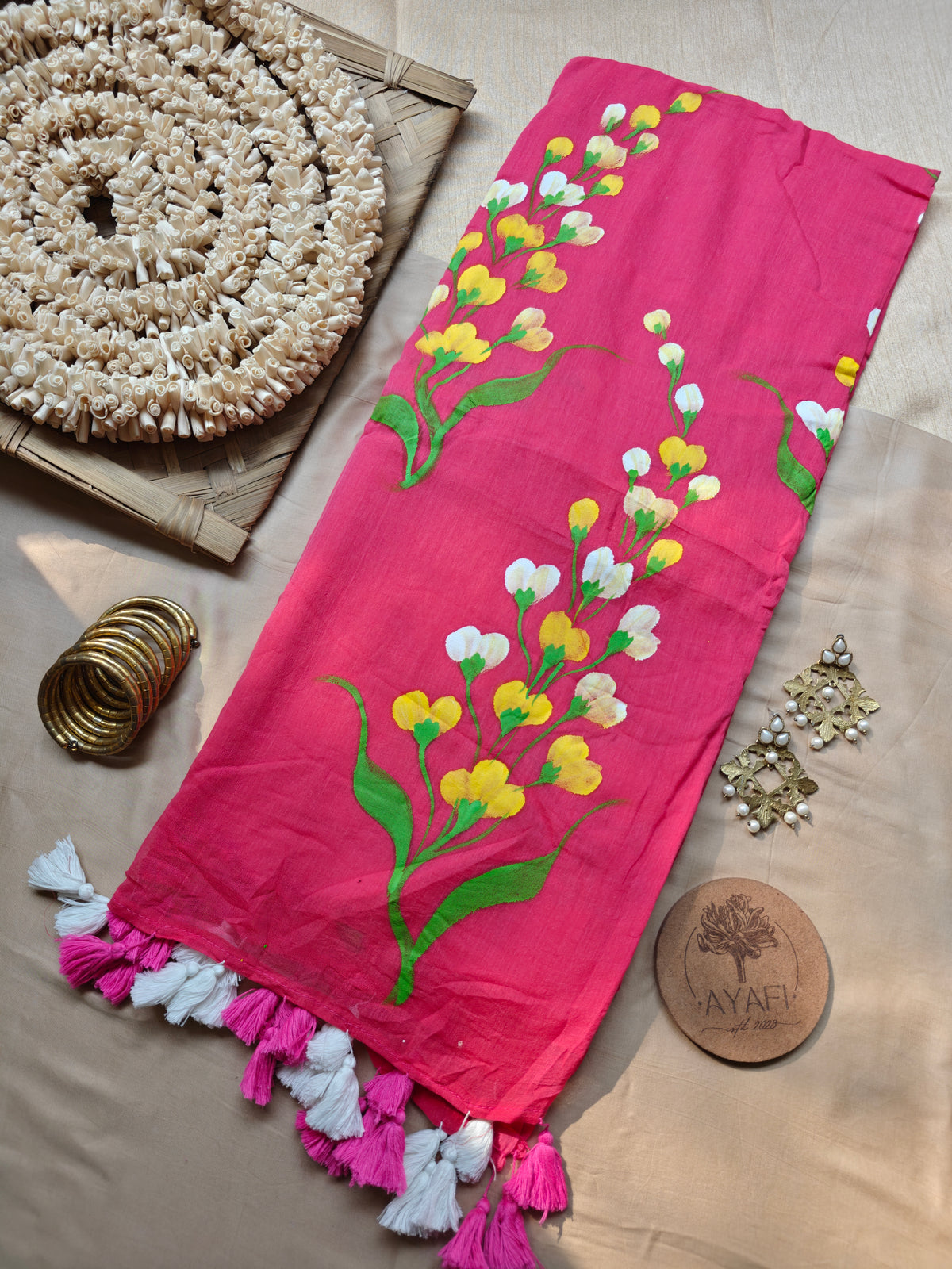 Bright Pink Mustard Flower Hand-Painted Mulmul Saree