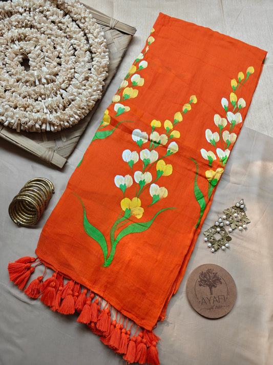Orange Mustard Flower Hand-Painted Mulmul Saree