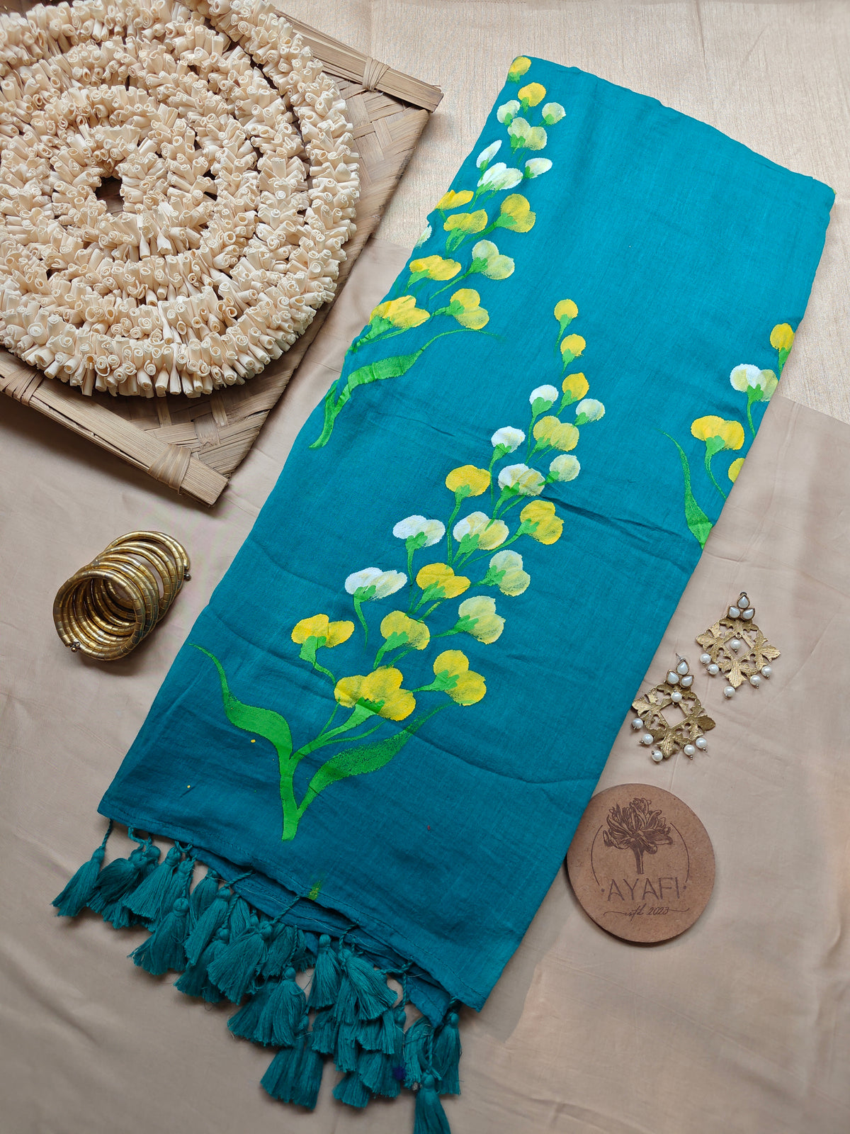 Teal Green Mustard Flower Hand-Painted Mulmul Saree