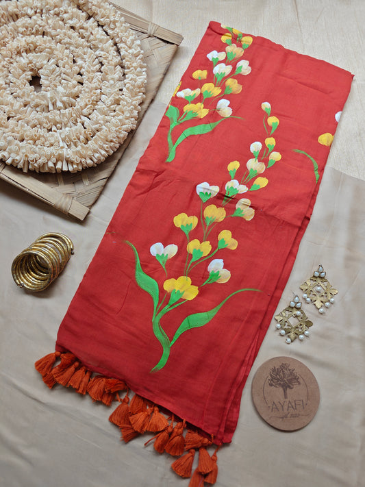 Rust Mustard Flower Hand-Painted Mulmul Saree