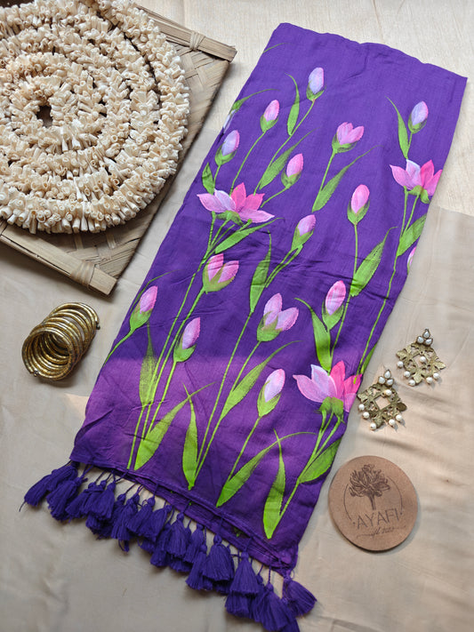 Violet Lotus Hand-Painted Mulmul Saree