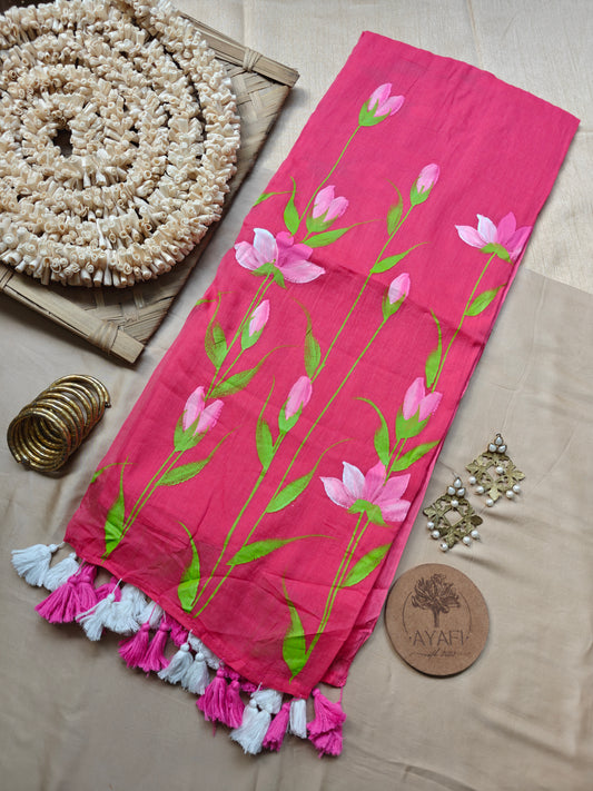 Bright Pink Lotus Hand-Painted Mulmul Saree