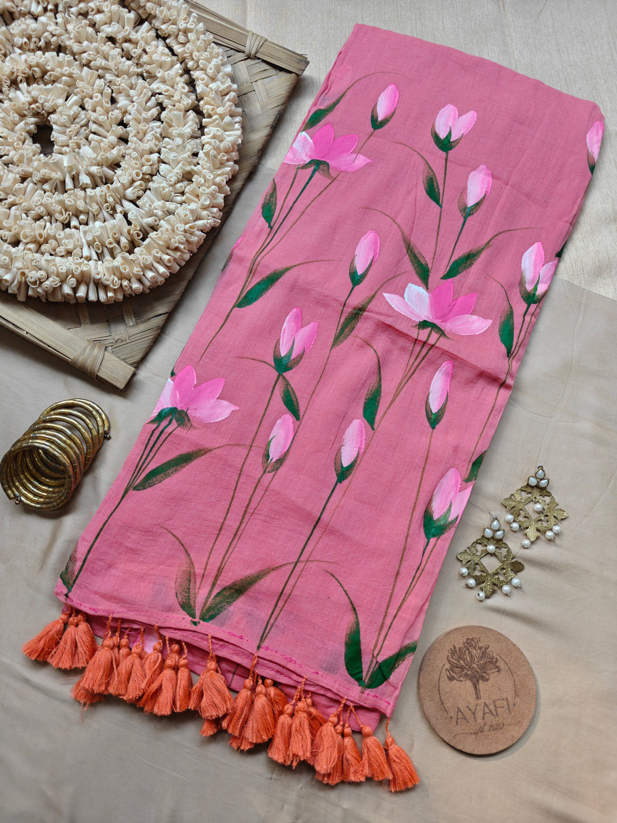 Coral Lotus Hand-Painted Mulmul Saree